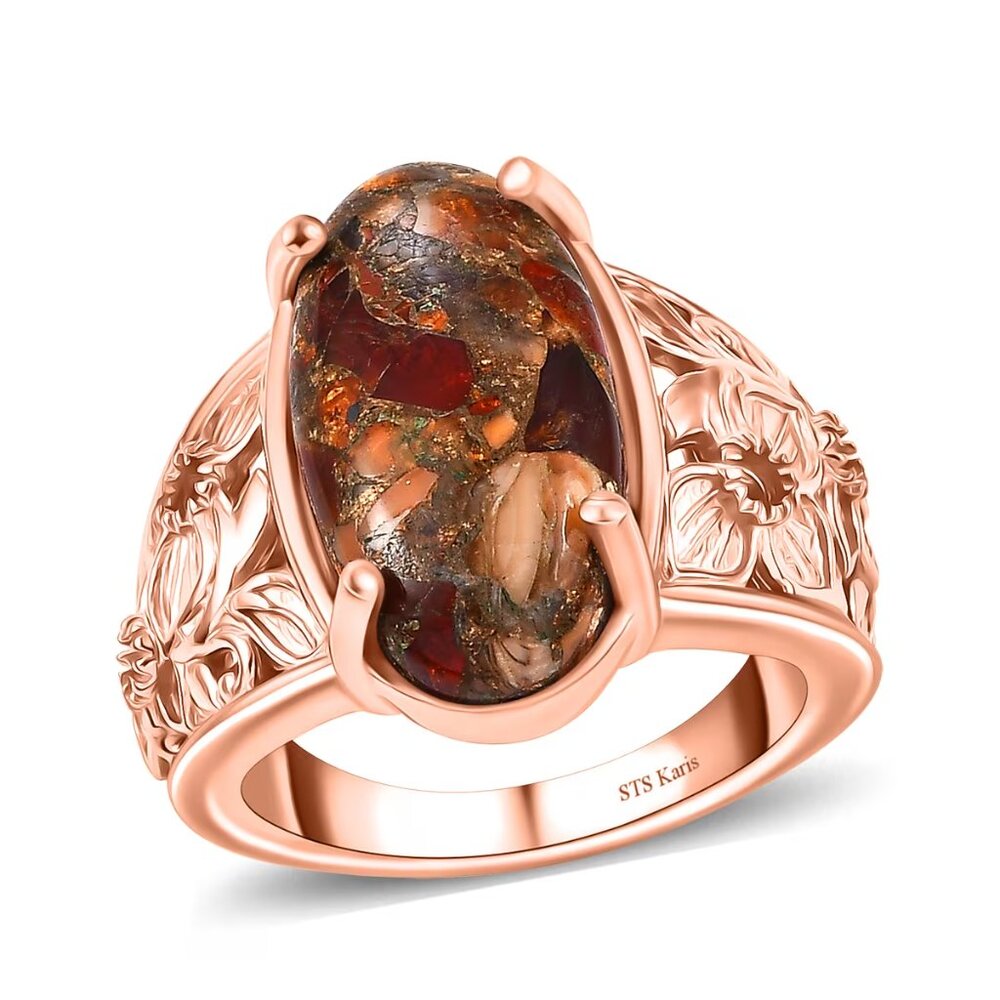 Karis Matrix Fire‎ Opal 7.10 ctw Flower Ring in 18K RG Plated Size 7